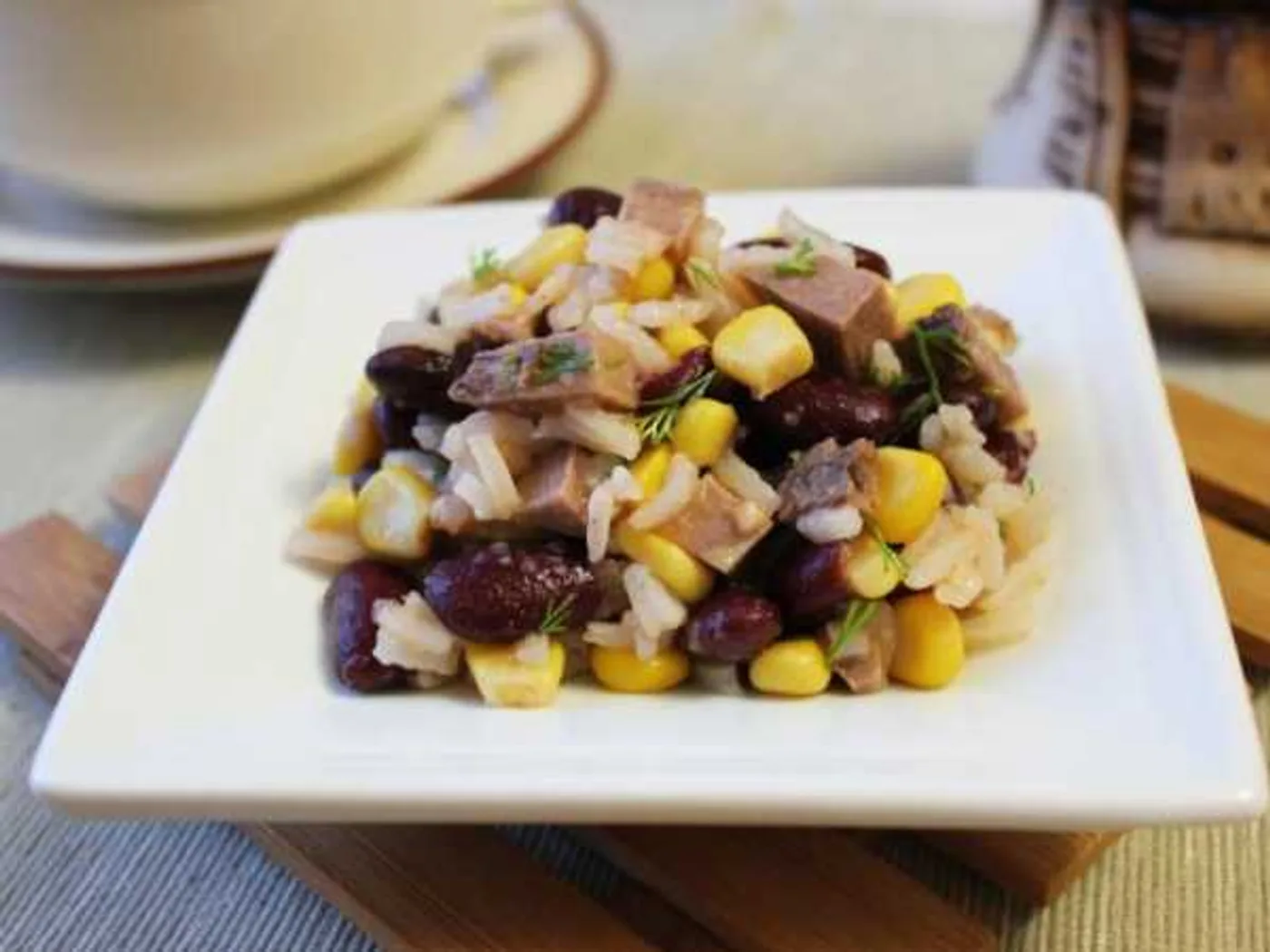 Meat salad with rice and corn recipe