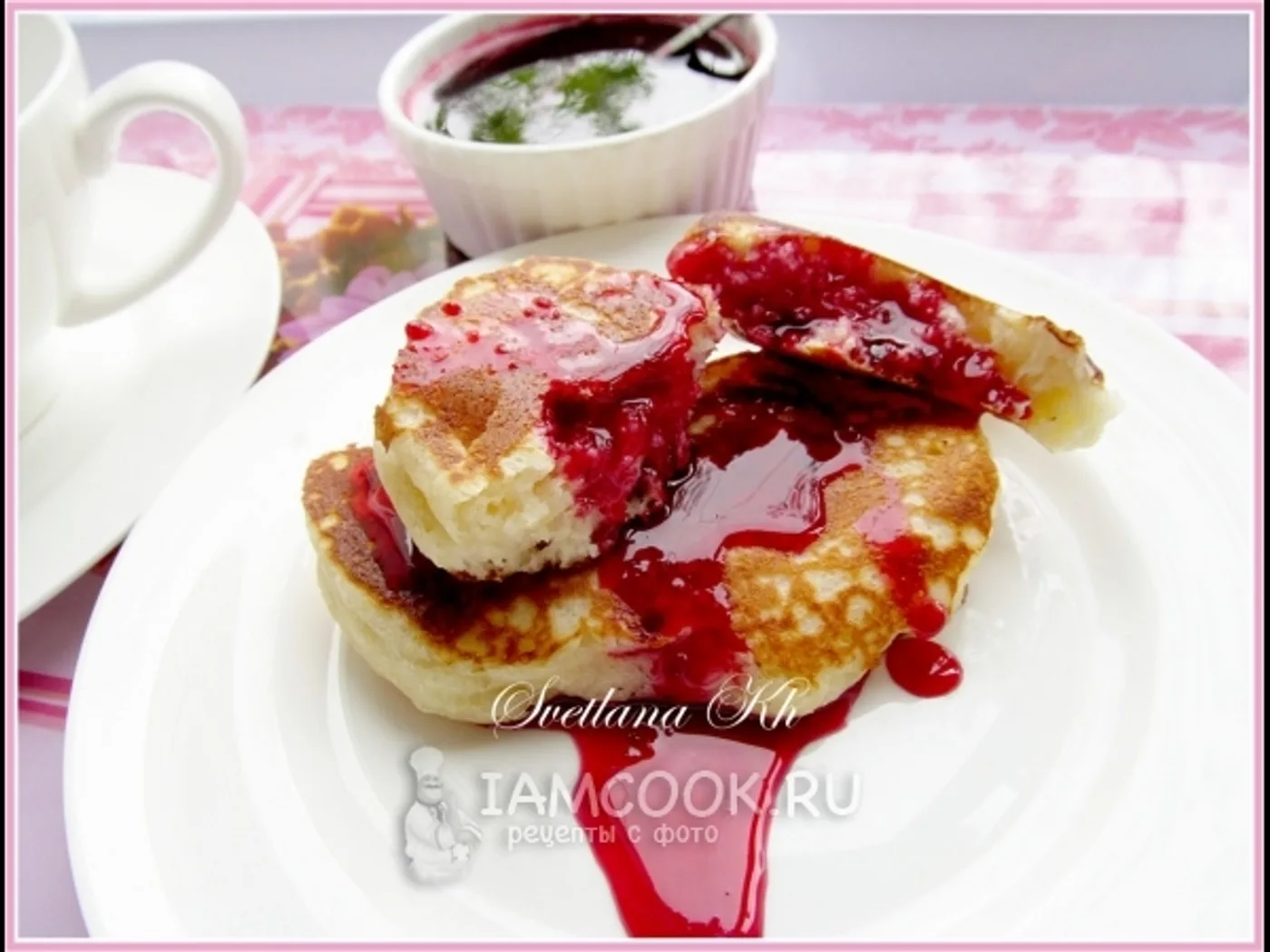 Yeast pancakes on kefir with cherry sauce recipe