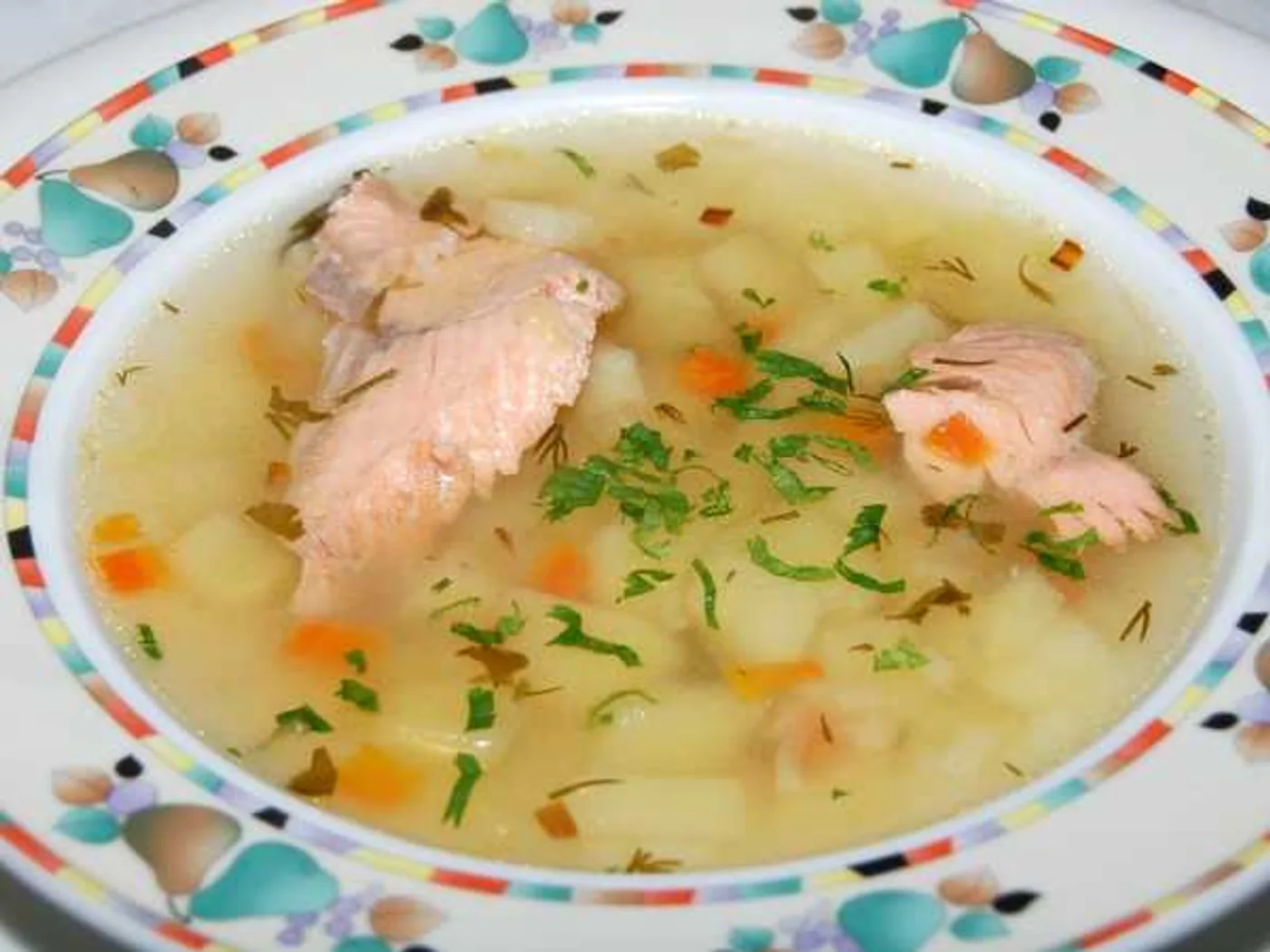 Pink salmon ear with potatoes and rice recipe