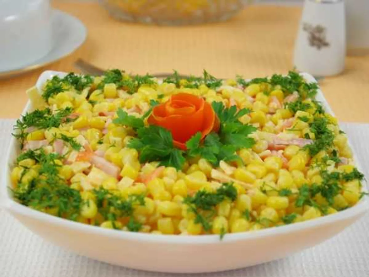 Salad with egg pancakes and ham recipe