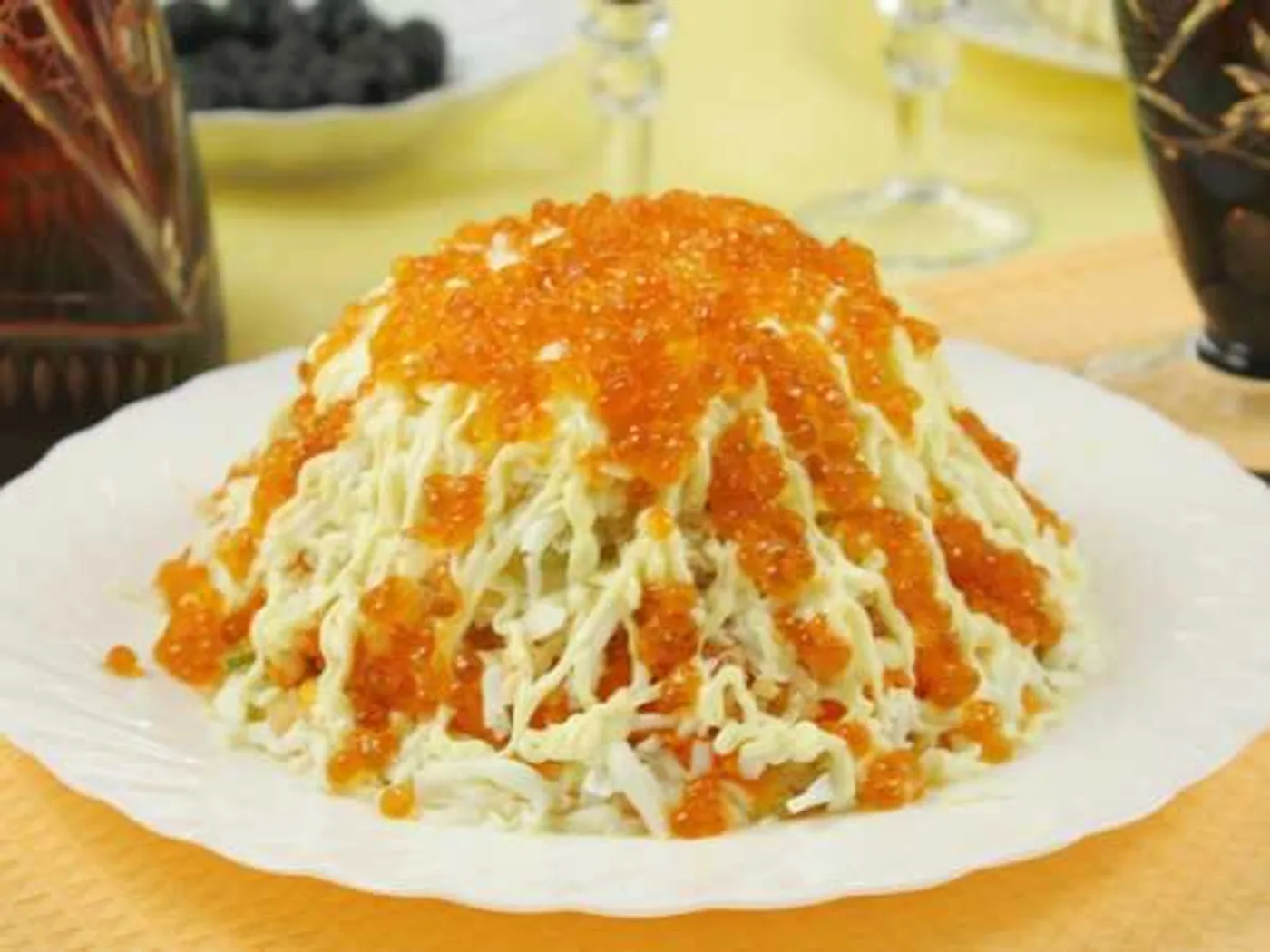Salad with red caviar and pink salad recipe