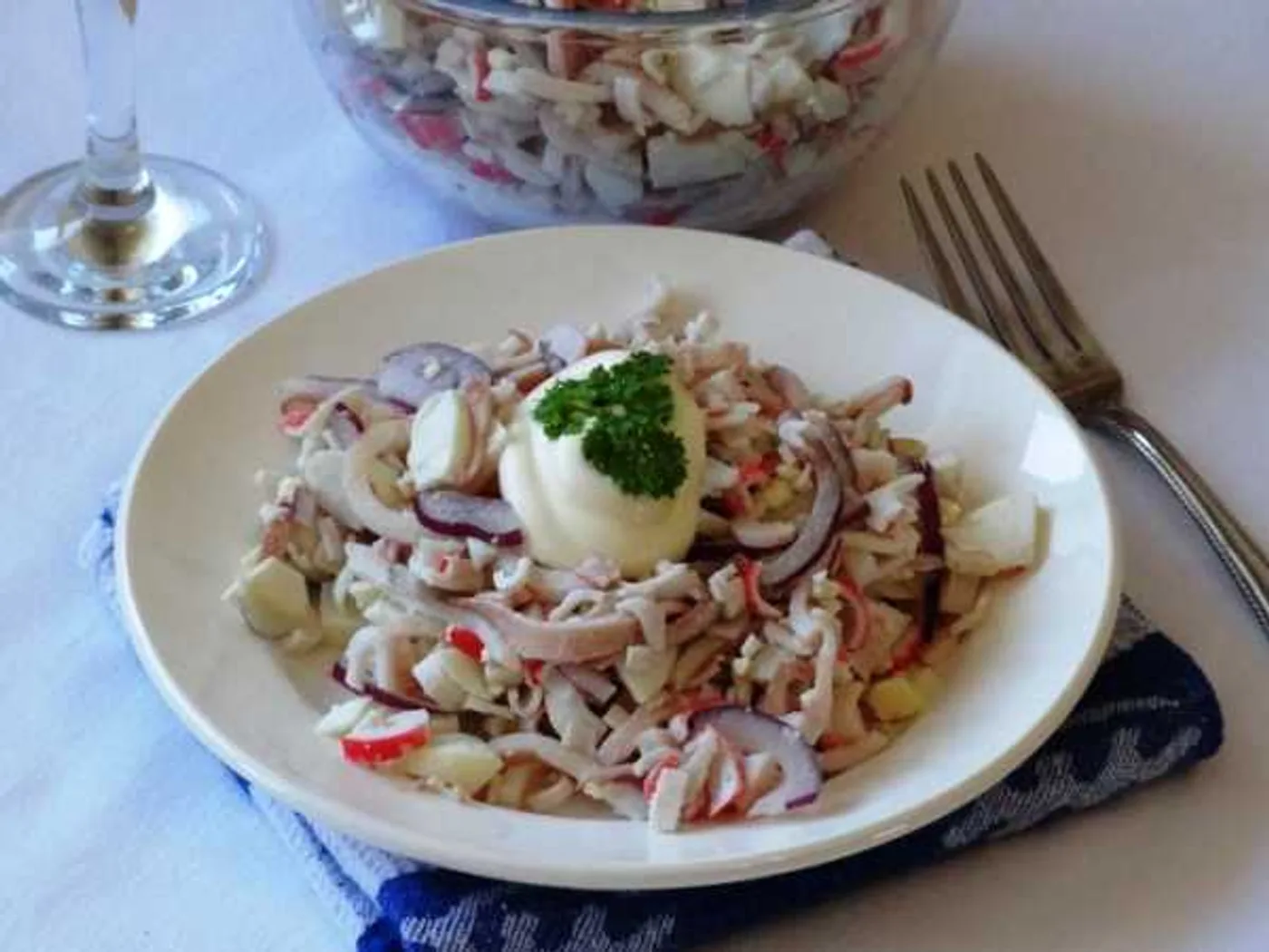 Salad with squid and crab sticks recipe