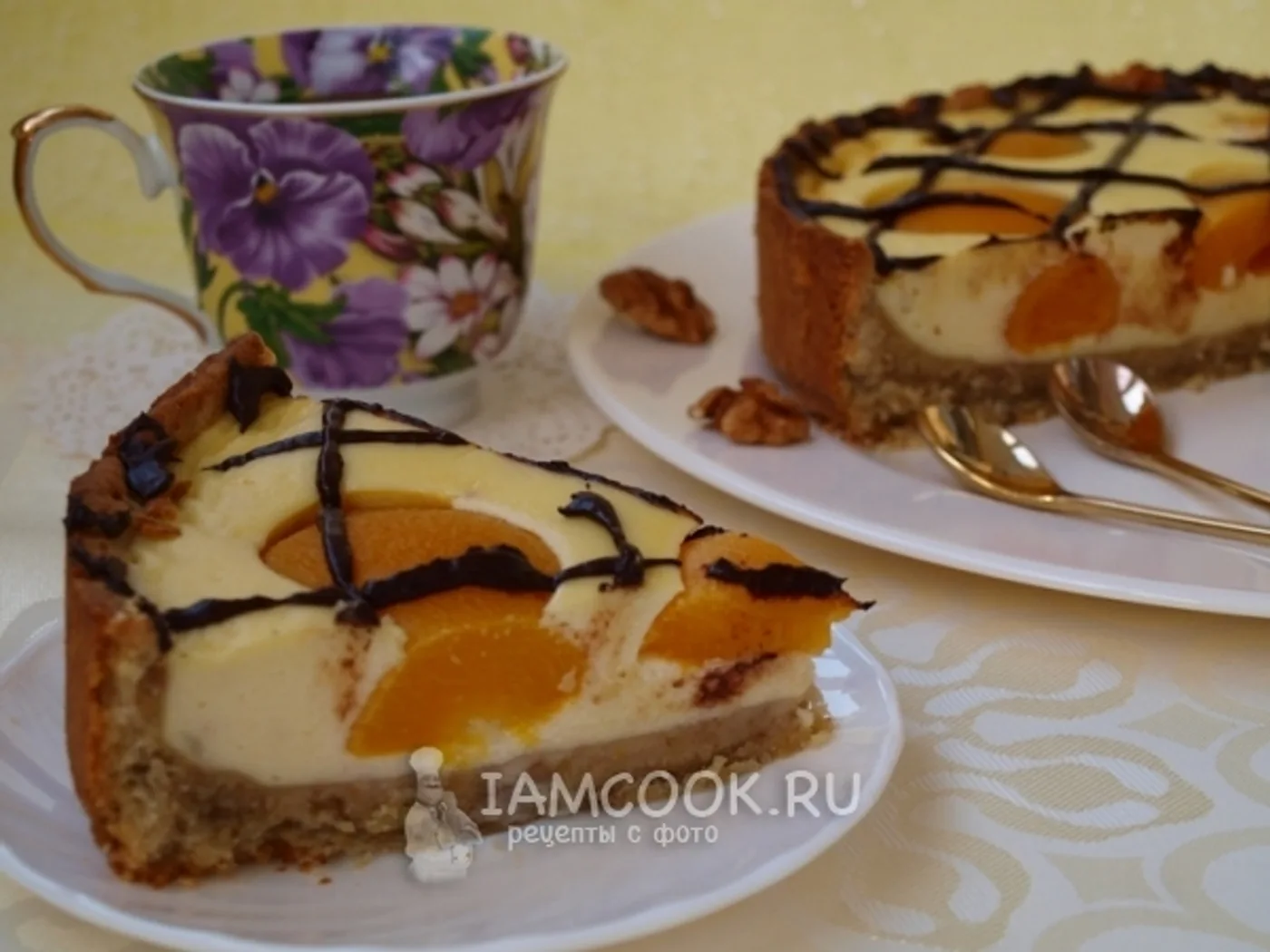 Scrambled eggs cake with peaches and chocolate recipe