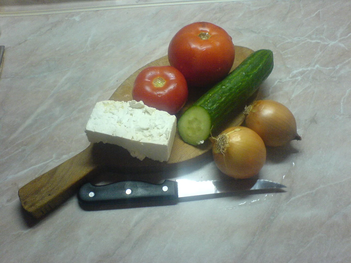 Shopska Salata (Tomato, Cucumber, and Bell Pepper Salad) prepared recipe
