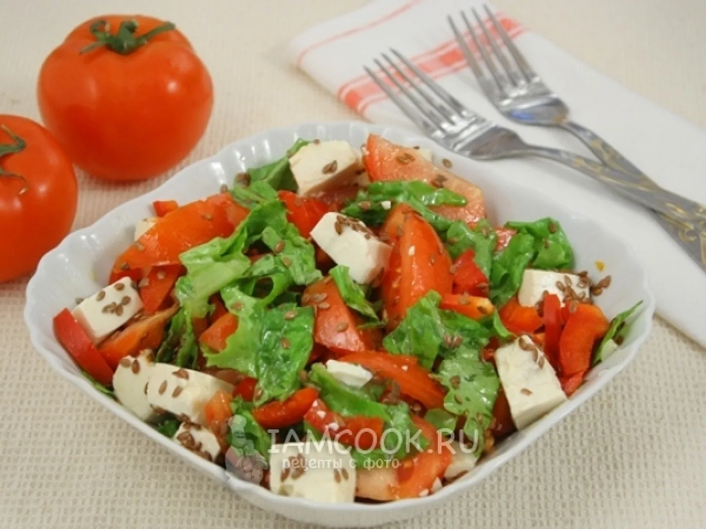 Vegetable salad with pickled Tofu cheese and flax seeds recipe