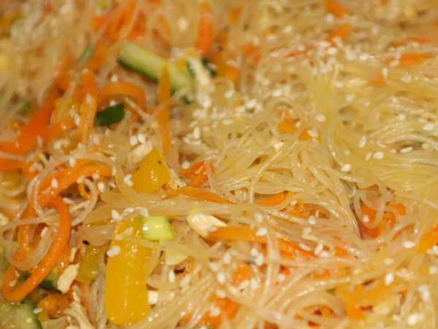 Warm salad with funchose and chicken recipe
